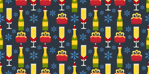 Seamless pattern of holiday gift, champagne bottle, wine glasses and snowflakes on dark background. Ideal for elegant Christmas packaging, textiles, greeting cards and New Year party designs.