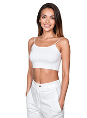 Portrait of a stylish young woman with a white crop top and pants, isolated, transparent background, no background. PNG.