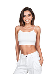 Portrait of a stylish young woman with a white crop top and pants, isolated, transparent background, no background. PNG.