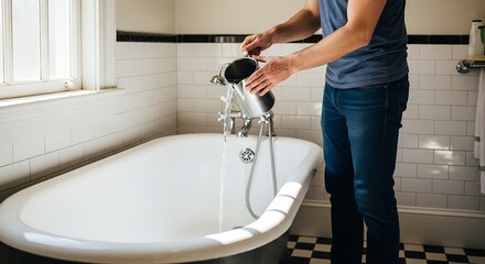 Man filling a bathtub with water from a metal container in a tiled bathroom.