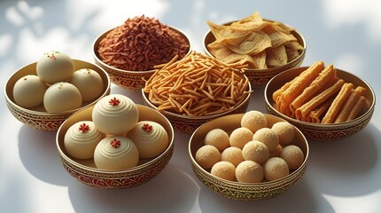Indian traditional Diwali Faral or snacks, featuring Ladoo, chiwda, sev, chakli, and shankarpale, arranged in decorative bowls
