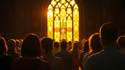 reverent. A peaceful spiritual gathering illuminated by soft golden light filtering through stained glass. event programs, museum guides, designed for cultural heritage projects and event programs.