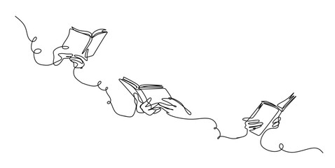 Line drawing illustration of a hand holding an open book reading