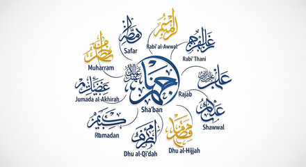 Islamic Hijri Calendar Months with Arabic Calligraphy Design
