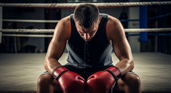 Exhausted boxer rests in the ring, head bowed, after a tough fight.