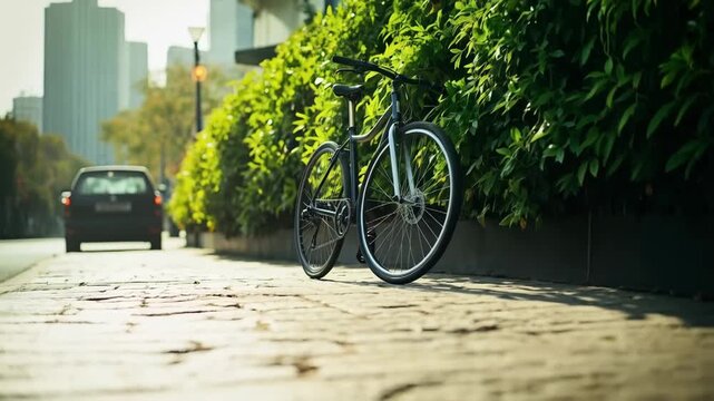 A modern, dark-colored bicycle is parked on a textured stone sidewalk next to a dense, vibrant green hedge. The bicycle is positioned diagonally, with its wheels prominent. Sunlight casts dappled shad