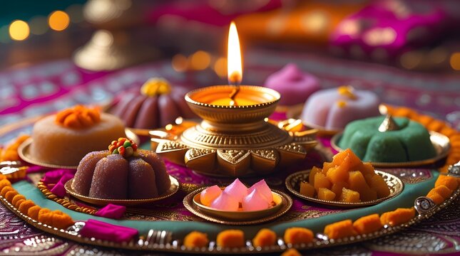 Traditional Diwali festival sweets, including intricately designed laddus, gulab jamun, and jalebis