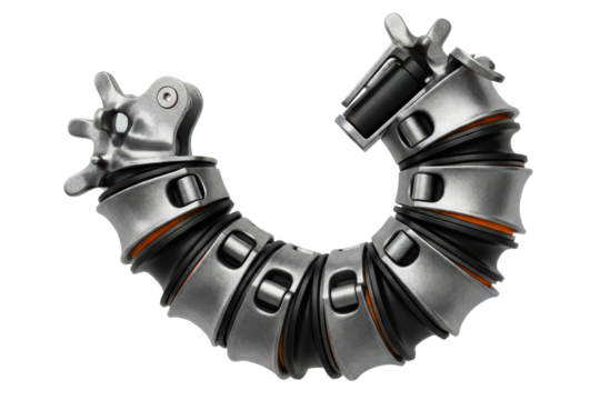 Futuristic industrial robotic spine with flexible joints on a transparent background