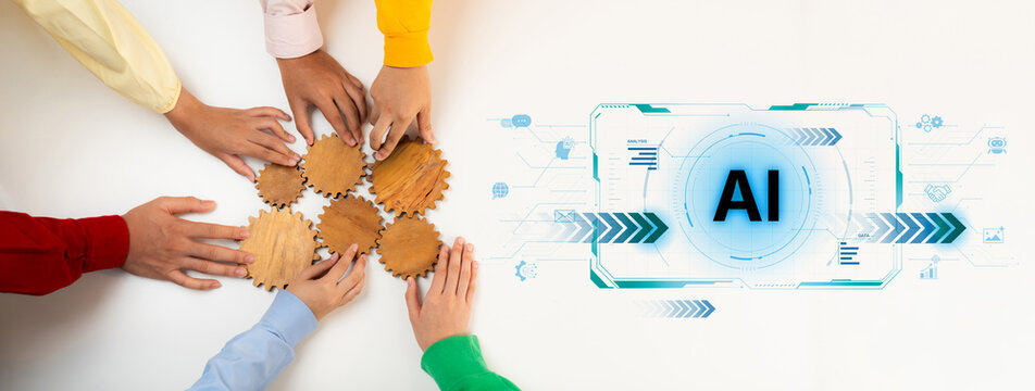 Concept of advanced Artificial Intelligence technology. A futuristic heads-up display shows the core system processing data, representing machine learning and complex analysis. Fermion