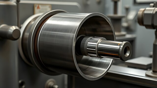 mandrel. A conical metal lathe mandrel rotating with an unfinished tube sleeve fitted over it. safety posters, maintenance manuals, designed for precision metalworking and fabrication facilities.