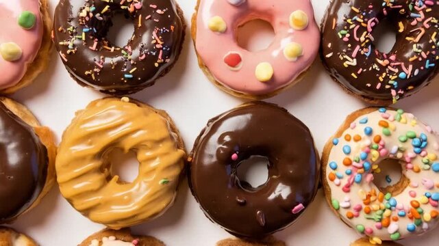 A close-up, top-down view of a delightful assortment of donuts arranged in a grid pattern. The donuts feature a variety of glazes and toppings. Some are coated in smooth chocolate, others in light pin