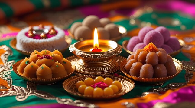 Traditional Diwali festival sweets, including intricately designed laddus, gulab jamun, and jalebis