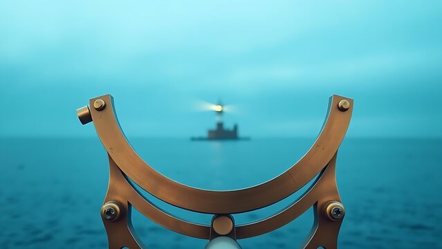 sextant. The brass arc of a sextant aligned with a distant lighthouse beam in blue tones. STEM education sheets, lab safety posters, designed for biotech research communications.