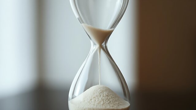 villainy. Hourglass with sand remaining in top chamber, minimalist composition and soft lighting. wellbeing guides, coaching materials, designed for coaching and self-improvement content.