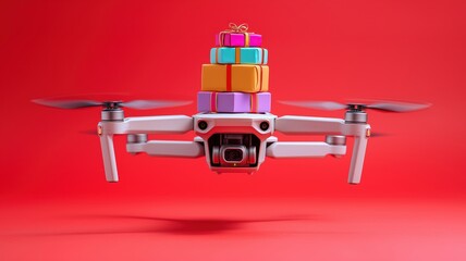 White drone carrying stack of colorful wrapped gift boxes flying in air on bright red background