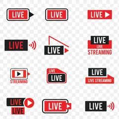 Live streaming icon set. featuring modern broadcast buttons, online streaming symbols, Perfect for live stream logos. Vector illustration