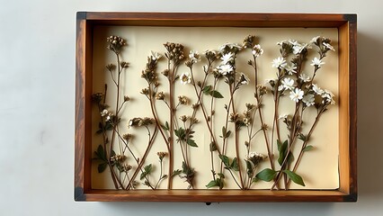 woodruff. An antique wooden specimen box containing neatly pressed and dried woodruff plants. gardening catalogs, home-decor guides, designed for home decor and floral branding.
