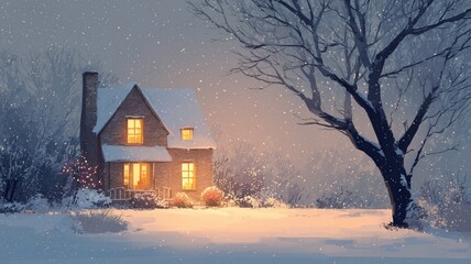 Snowy fairytale cottage with glowing windows and festive lights, surrounded by sparkling snow, holiday decorations, winter trees, and peaceful garden at dusk