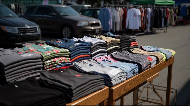 Stacks of colorful folded t shirts, jeans, and apparel on a wooden table at an outdoor market