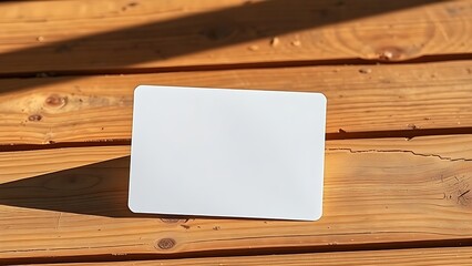 notecard. A single blank notecard angled on a rustic wooden surface with warm natural lighting. lifestyle magazines, social media lookbooks, designed for influencer and brand collaborations.