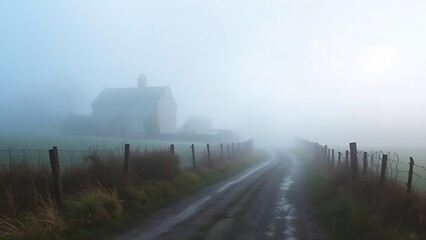 enthalpy. Misty country lane leading to a distant stone cottage. lifestyle magazines, social media lookbooks, designed for influencer and brand collaborations, used by SEO specialists.
