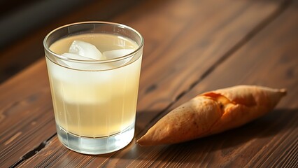 shochu. Frosted glass of shochu with roasted sweet potato on a wooden surface. bar promotions, beverage menus, packaging labels, designed for product packaging and bar promotions, used by chefs.