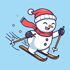 Cute Cartoon Snowman Vector Illustration Skiing. Cheerful Winter Mascot with Red Hat and Scarf. Holiday and Snow Sports Concept.