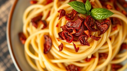 calabrese. Plate of pasta topped with vibrant red flakes of dried Calabrese chili pepper. menu design, packaging mockups, designed for culinary blogs and recipe cards for restaurants.