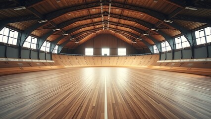 velodrome. Vast empty indoor velodrome with wooden track receding into the distance. event key visuals, club posters, designed for sports event promotions and stadium branding.