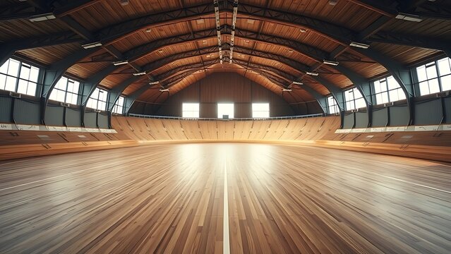 velodrome. Vast empty indoor velodrome with wooden track receding into the distance. event key visuals, club posters, designed for sports event promotions and stadium branding.