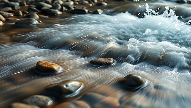 makemake. Rushing stream over smooth pebbles with splashing water in morning light. travel magazines, destination branding, designed for travel destination branding, inspires travel planning.