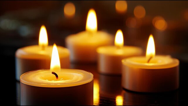 Candles burning with warm flickering flames in dark