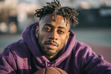 Focused portrait of a man with dreadlocks holding a basketball outdoors