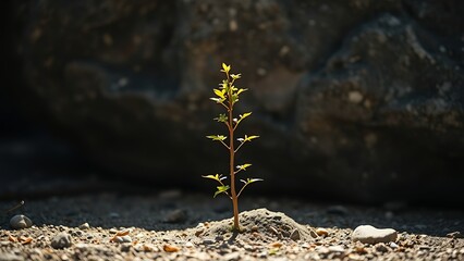 determinedly. Young sapling growing upward beside large rock in morning light, symbol of resilience in nature. ESG reports.