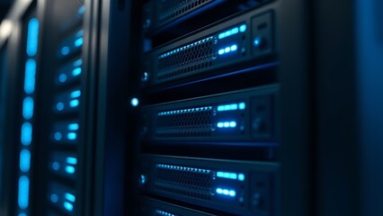 serverroom. Abstract close-up of rackmount server cabinet with glowing blue LED accents, technological infrastructure. product launch decks.