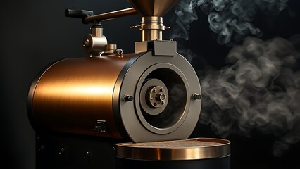 roaster. Modern coffee roaster releasing steam, set against a dark textured backdrop in an industrial studio setup. safety posters.