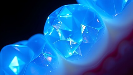 hardness. Iridescent tooth enamel with diamond-like cracks, glowing under blue light for durability. product launch decks, UI/UX mockups, designed for product launches and innovation pitches.