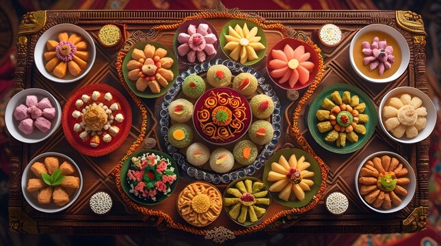 A Sri Lankan Traditional Aurudu Sweet Food Table, viewed from directly above, featuring an assortment of traditional sweets including Kokis, Kewum, Aluwa, and Aasmi