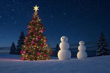 Festive christmas tree and snowmen under a starry night sky