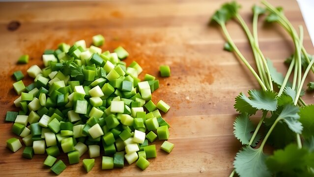 lovage. Freshly chopped lovage leaves on a rustic wooden cutting board, bright green color and texture. menu design, packaging mockups, designed for culinary blogs and recipe cards for restaurants.