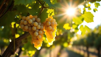 torrontes. Sunlight through vine leaves highlighting ripe Torrontes grapes in an Argentinian vineyard. bar promotions, beverage menus, designed for food & beverage menus and cafe branding.