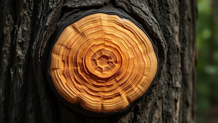 lignin. Close-up of a round burl growth on a tree trunk, textured dark brown bark in forest. gardening catalogs, home-decor guides, designed for gardening and botanical catalogs.