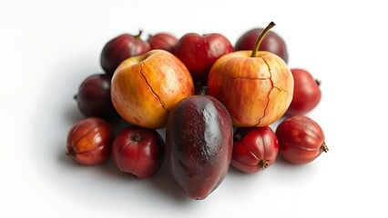 deceptive. Beautiful yet poisonous fruits arranged in a heart shape reveal subtle cracks. menu design, packaging mockups, designed for culinary blogs and recipe cards for restaurants.