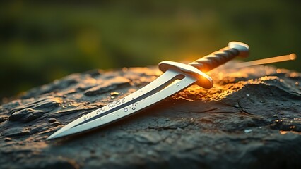 excalibur. Sword embedded in stone at dawn with morning dew on the blade. event programs, museum guides, designed for cultural heritage projects and event programs, elevates cultural identity.