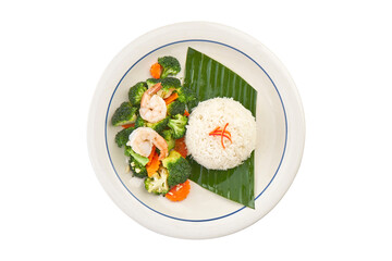 Stir-Fried Broccoli with Shrimp and Rice – Thai Style Healthy Dish Isolated on White with Clipping Path