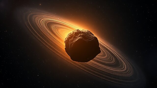 trajectory. A lone glowing interstellar rock drifting through a starfield with unusual trajectory lines, suggesting cosmic motion. STEM education sheets.