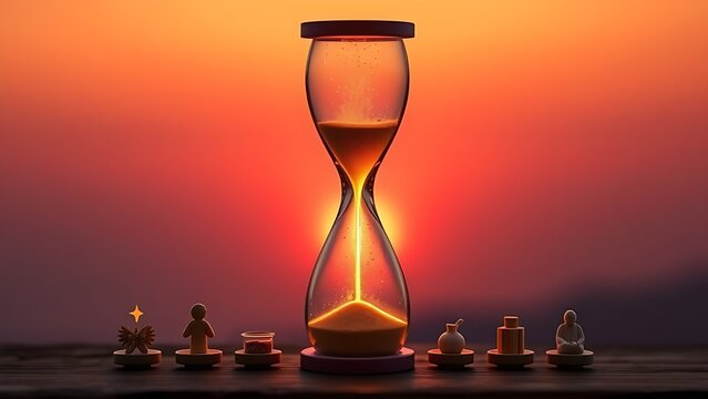 reverse. A glowing hourglass with golden sand flowing upwards, surrounded by symbolic objects representing healthy habits against a dawn gradient. wellbeing guides.