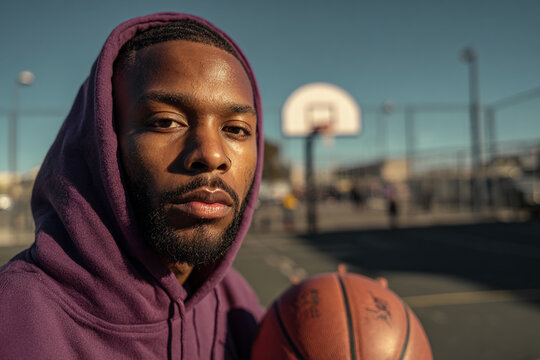 Portrait of a serious basketball player with ball on outdoor court