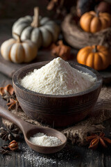 Fototapeta premium Flour in a wooden bowl with pumpkins and spices on a rustic table in autumn sunlight