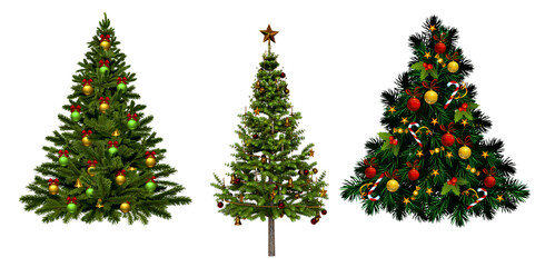 set of three christmas trees decorated for christmas festive event - decorated with balls cherries spheres yellow red anow and stars